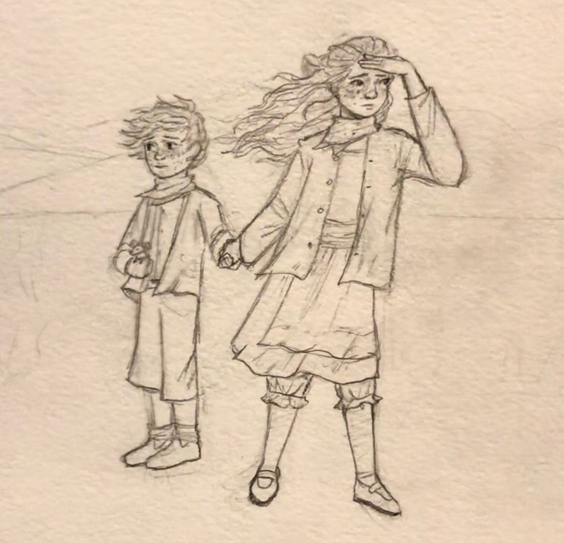 Pencil illustration of Elfa and Holgar